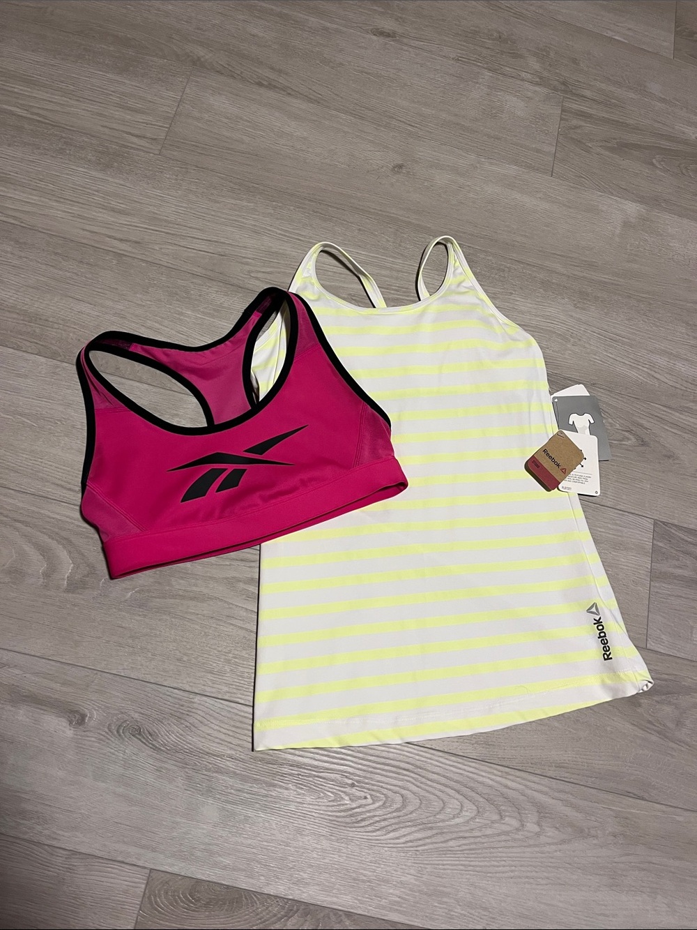 Reebok Magenta Sports Bra and Yellow-Striped Tank Set